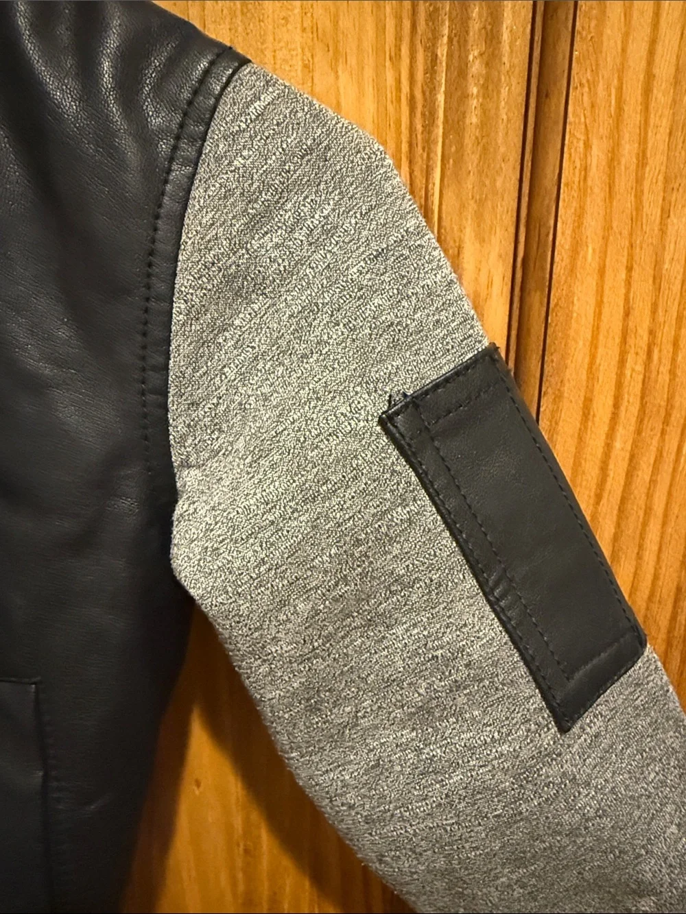 Toddler Black Faux Leather Bomber Jacket with Gray Sleeves